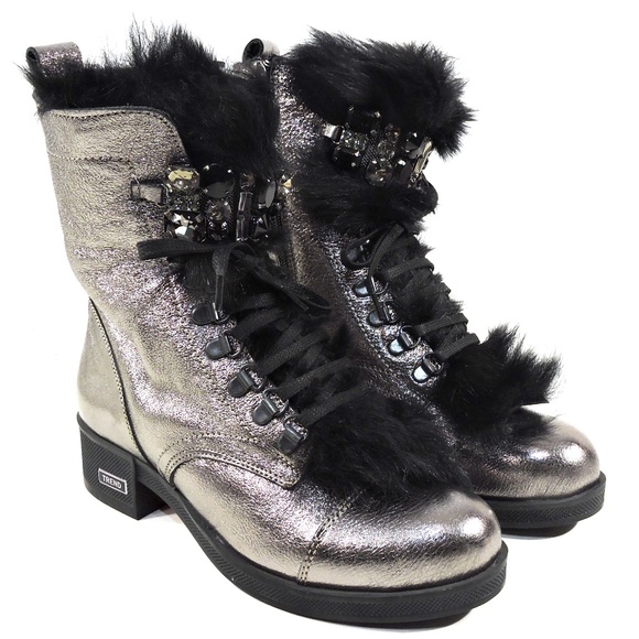 ALESSANDRO DI MARIA 🇮🇹 WOMEN SOFT SILVER LEATHER WINTER FUR BOOTIE - Picture 2 of 8